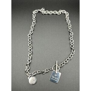 Grace Love me Tender Chain Link Necklace Silver Tone Tag Charm Toggle Edgy Punk